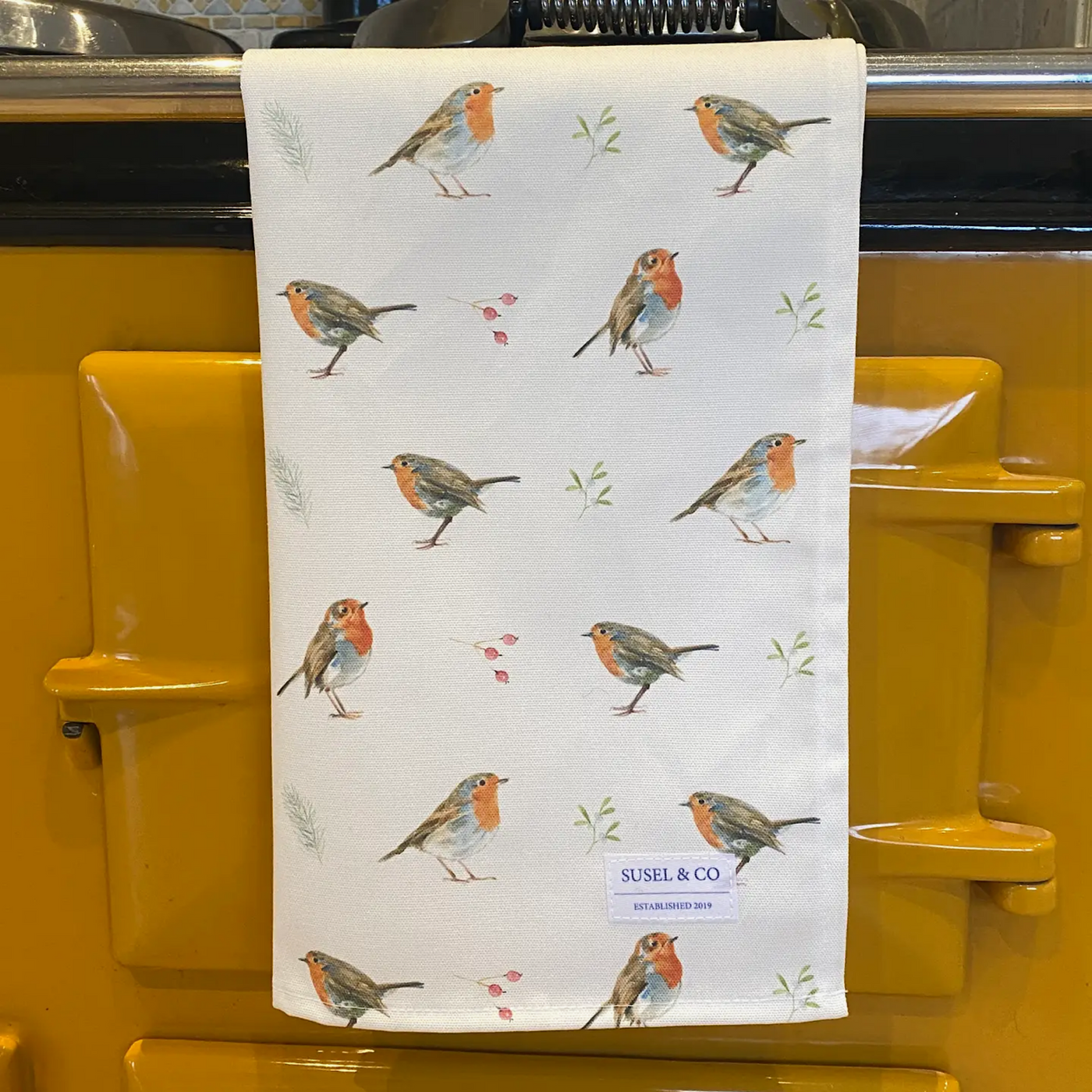 Tea Towel - Festive Robins